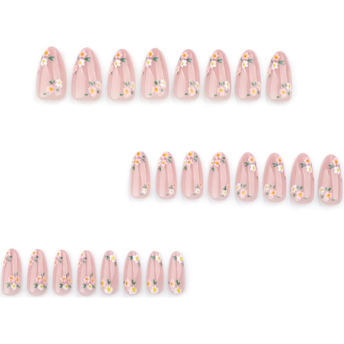 24Pcs Spring Summer Press on Nails Medium Length Almond Fake Nails Artificial Daisy Floral Glossy Design Full Cover Glue on Nails Pink False Nails Stick on Nails for Women Girls Acrylic Manicure Salon