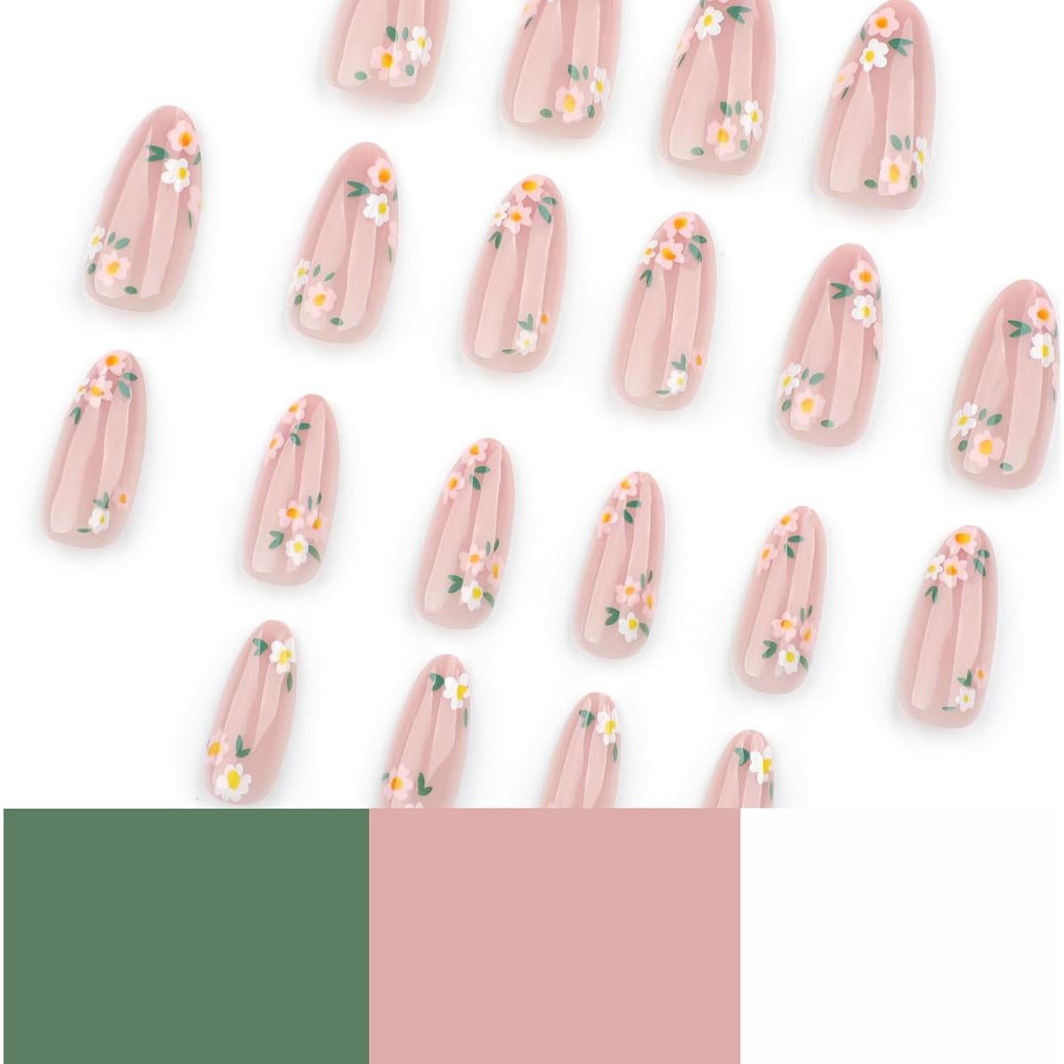 24Pcs Spring Summer Press on Nails Medium Length Almond Fake Nails Artificial Daisy Floral Glossy Design Full Cover Glue on Nails Pink False Nails Stick on Nails for Women Girls Acrylic Manicure Salon
