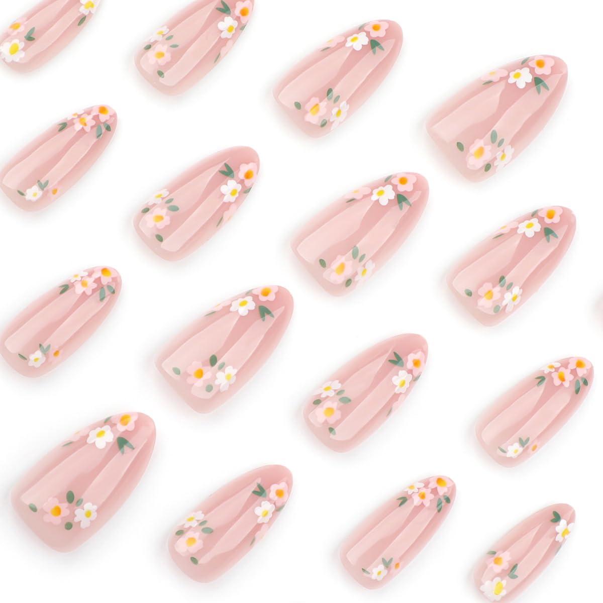 24Pcs Spring Summer Press on Nails Medium Length Almond Fake Nails Artificial Daisy Floral Glossy Design Full Cover Glue on Nails Pink False Nails Stick on Nails for Women Girls Acrylic Manicure Salon