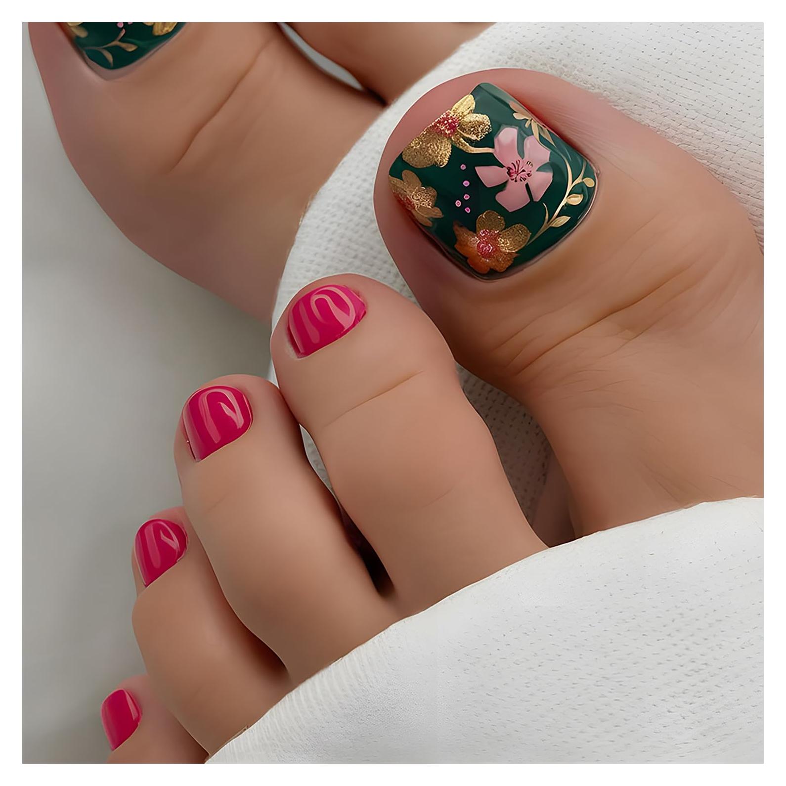 24 Uñas Postizas Cortas de Flores FDSQHSA para Dedos de los Pies