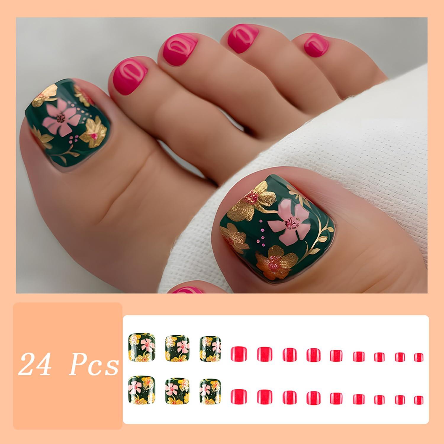 24 Uñas Postizas Cortas de Flores FDSQHSA para Dedos de los Pies