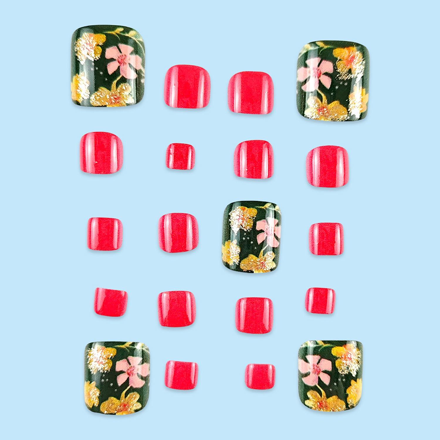 24 Uñas Postizas Cortas de Flores FDSQHSA para Dedos de los Pies