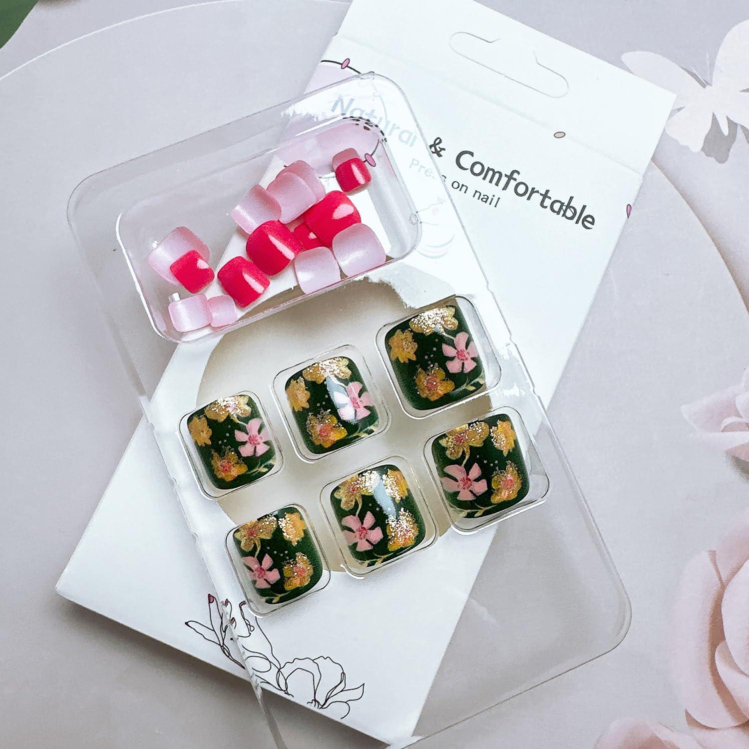 24 Uñas Postizas Cortas de Flores FDSQHSA para Dedos de los Pies