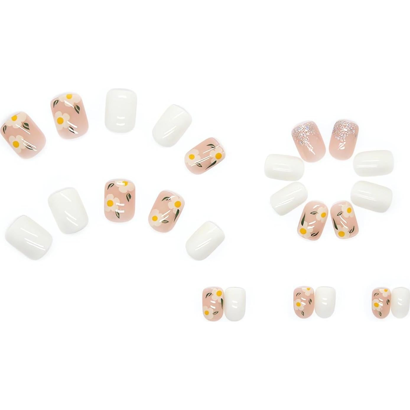 Uñas Postizas Cuadradas Cortas OHWODA 24Pcs Flores Marfil