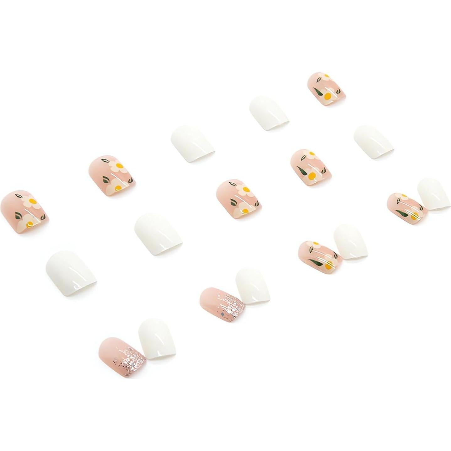 Uñas Postizas Cuadradas Cortas OHWODA 24Pcs Flores Marfil
