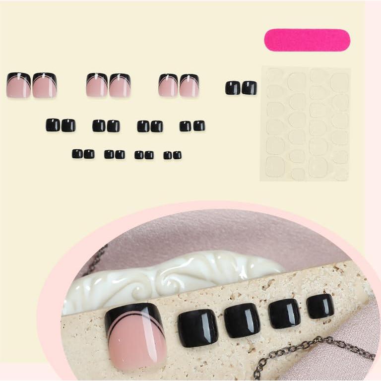 Uñas Postizas Cortas Francesas Negras Genérico 24 Piezas