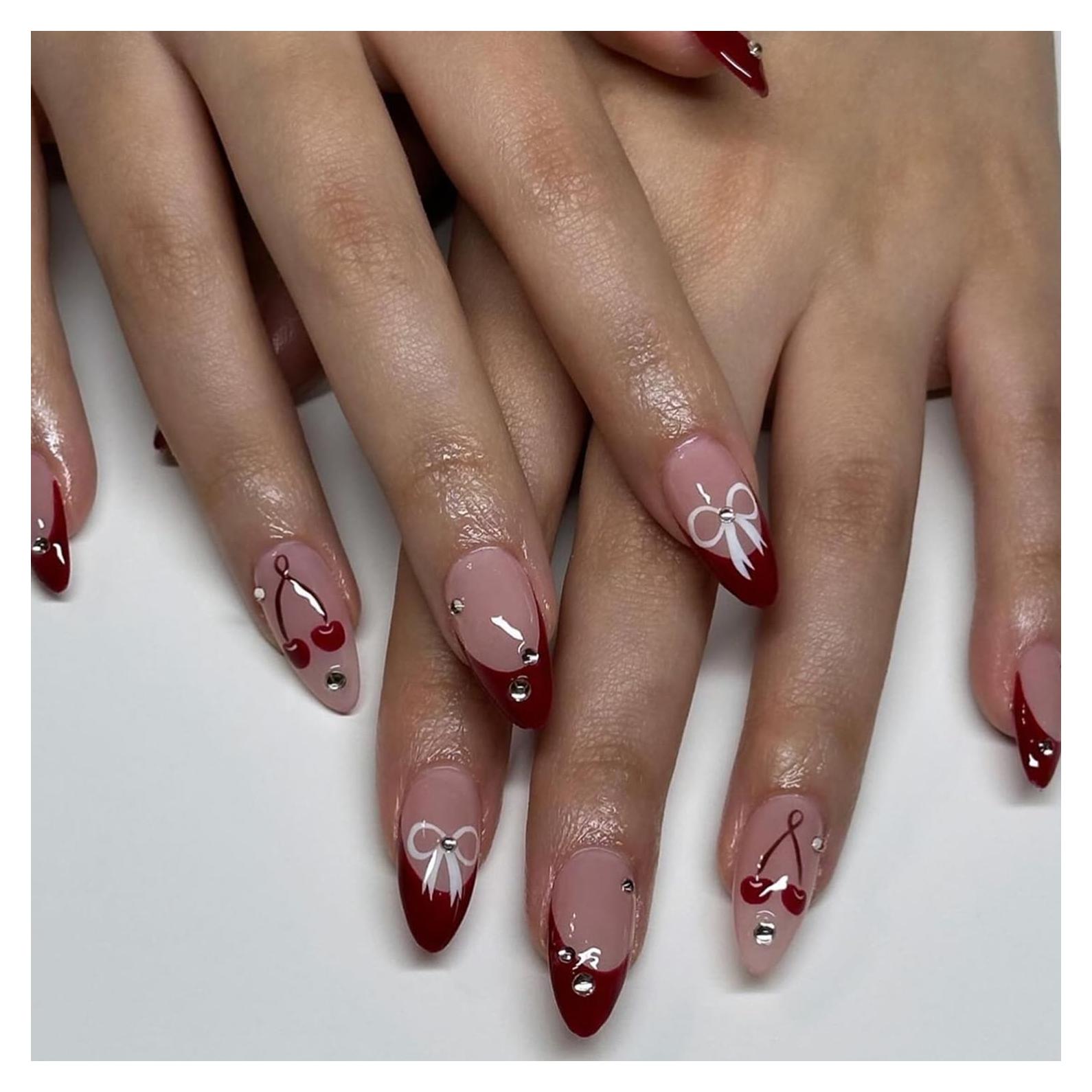 24 Uñas Postizas Almendra OSTTMA con Punta Francesa Roja