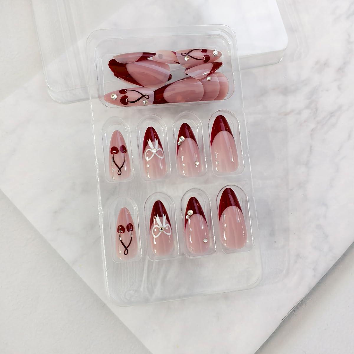 24 Uñas Postizas Almendra OSTTMA con Punta Francesa Roja