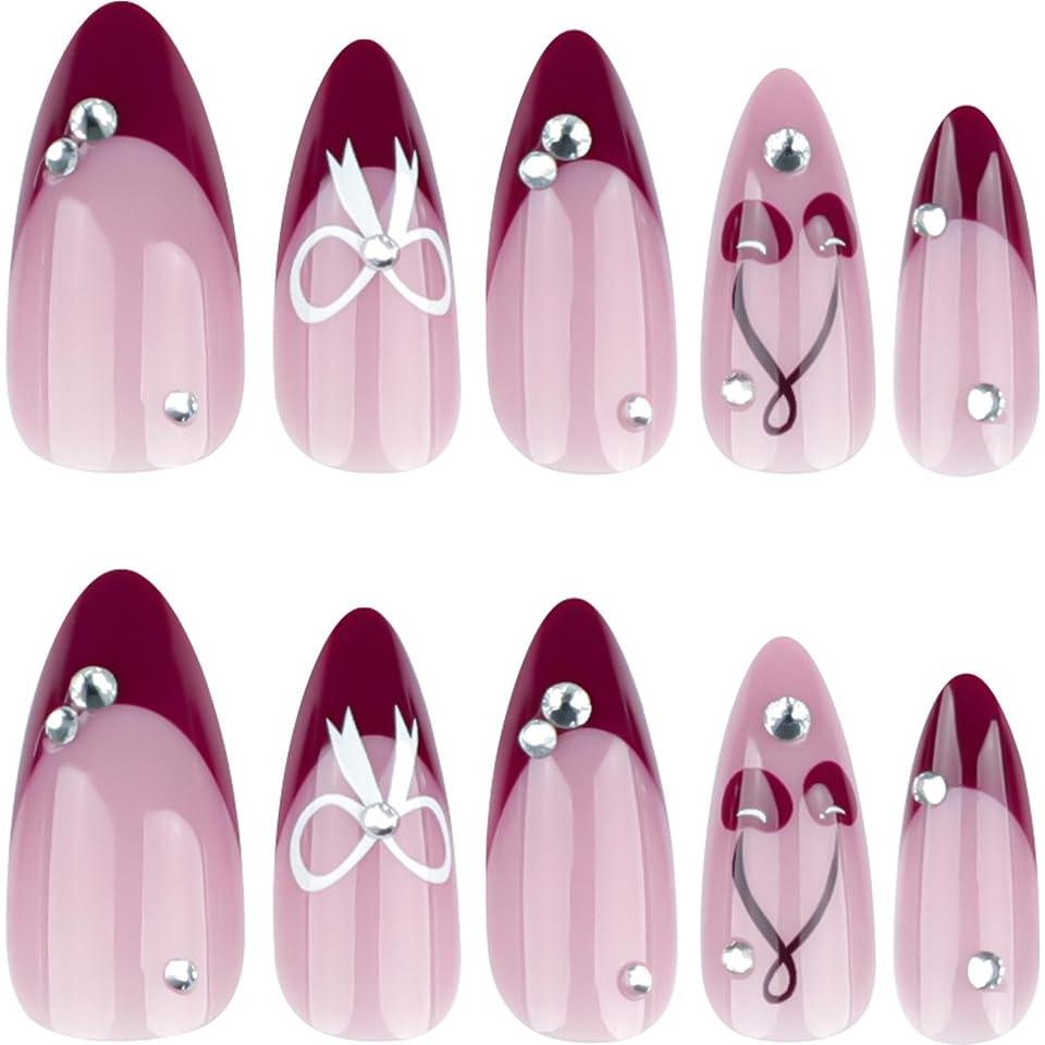 24 Uñas Postizas Almendra OSTTMA con Punta Francesa Roja