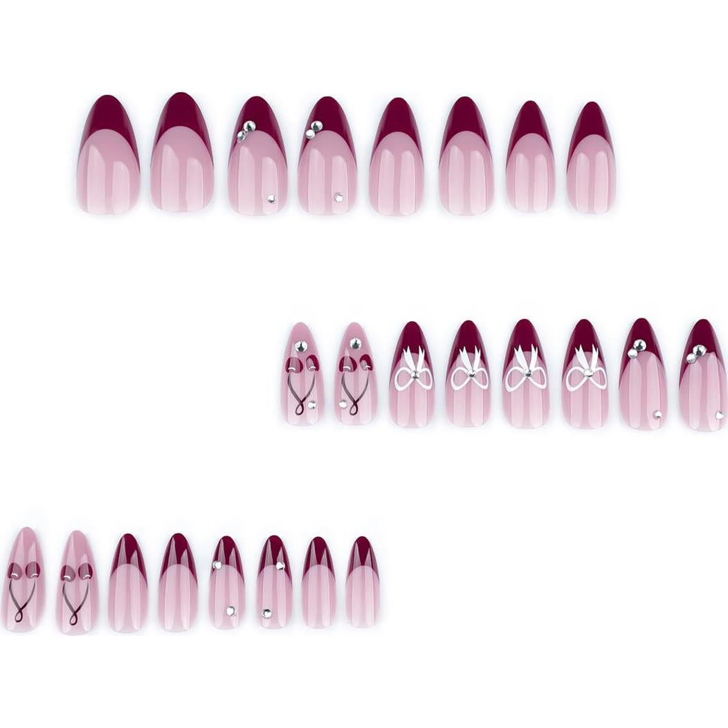 24 Uñas Postizas Almendra OSTTMA con Punta Francesa Roja