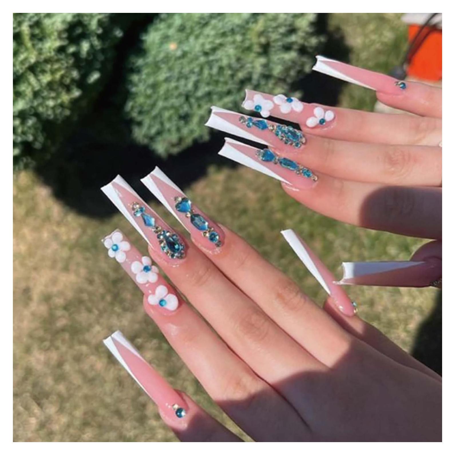 Luxury Long Square False Nails Crystal Gem Design Tips Nails Nude French Press on Nails Acrylic Full Cover Fake Nails for Women and Girls 24PCS
