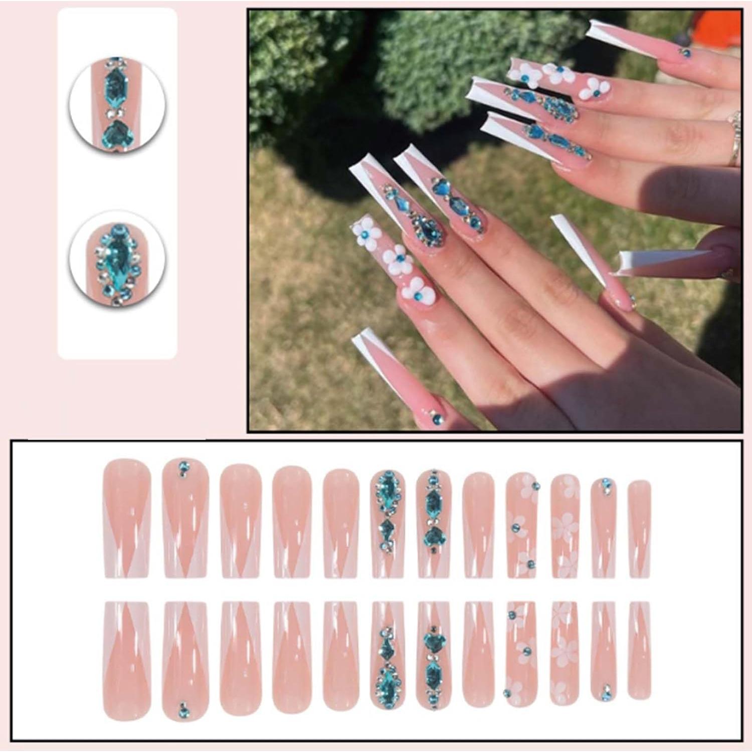 Luxury Long Square False Nails Crystal Gem Design Tips Nails Nude French Press on Nails Acrylic Full Cover Fake Nails for Women and Girls 24PCS