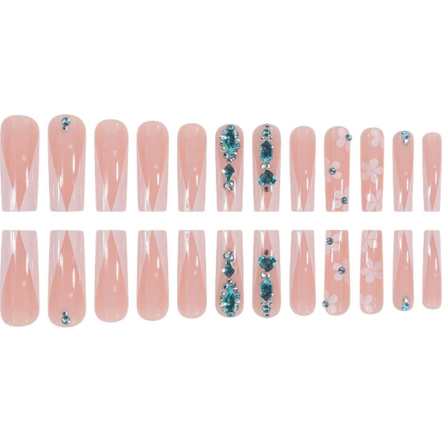 Luxury Long Square False Nails Crystal Gem Design Tips Nails Nude French Press on Nails Acrylic Full Cover Fake Nails for Women and Girls 24PCS