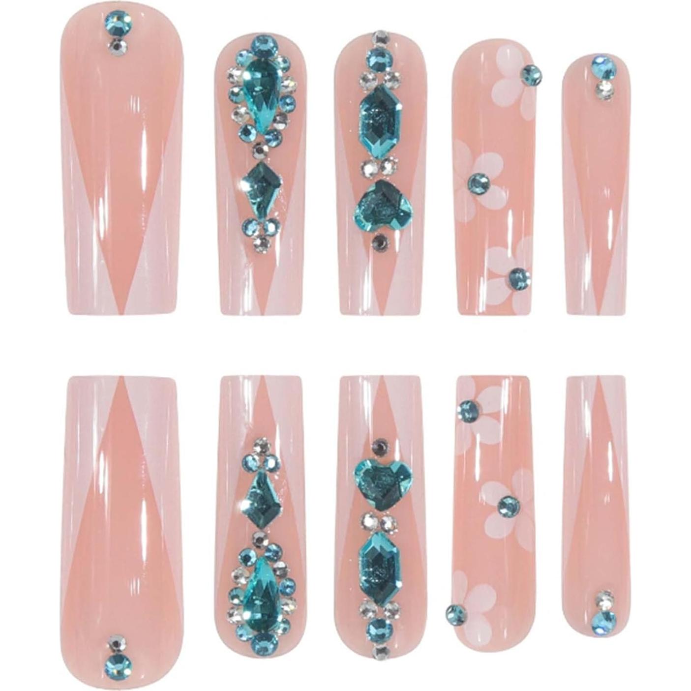 Luxury Long Square False Nails Crystal Gem Design Tips Nails Nude French Press on Nails Acrylic Full Cover Fake Nails for Women and Girls 24PCS