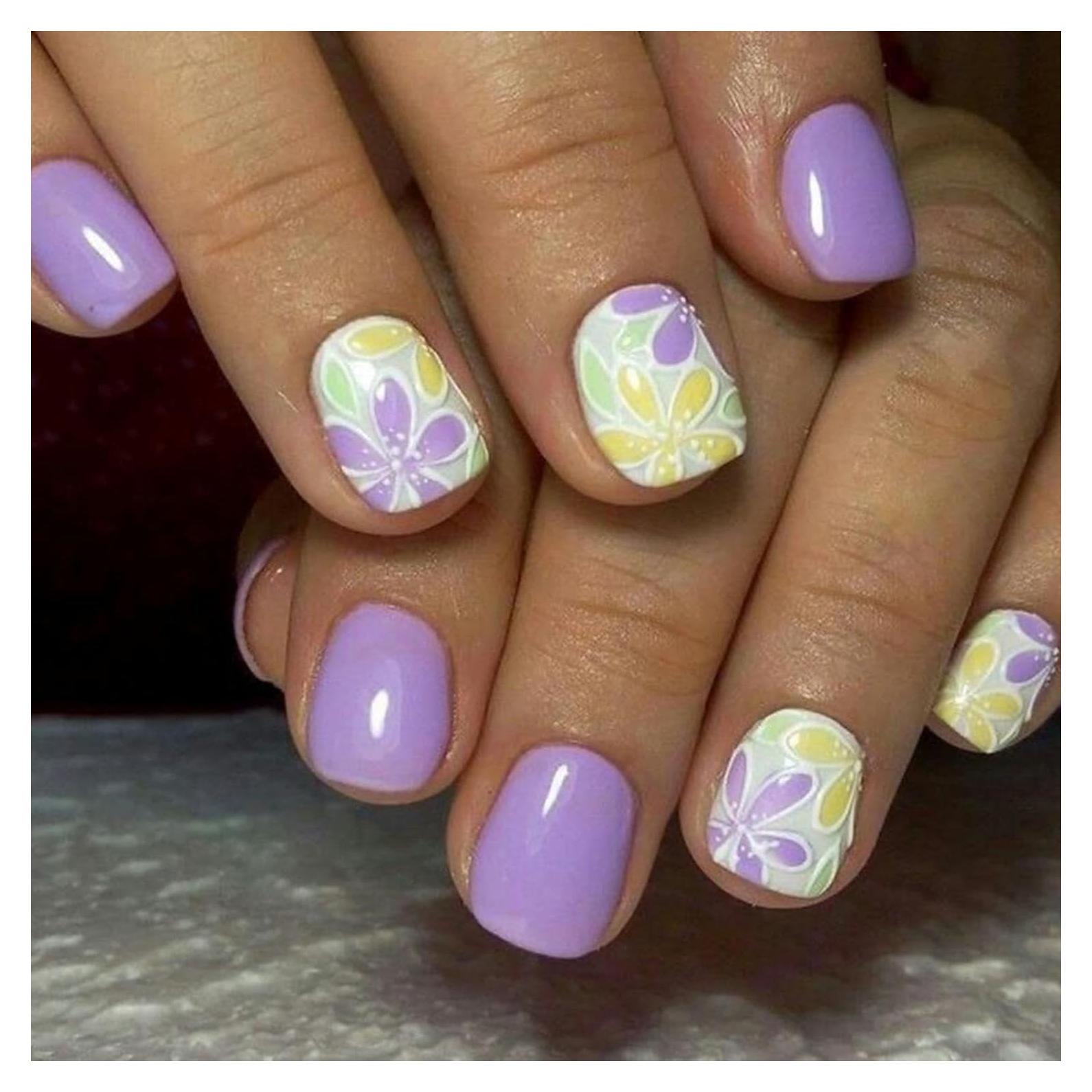 Uñas Postizas Cortas Cuadradas Sevgob Moradas con Flores 24pcs