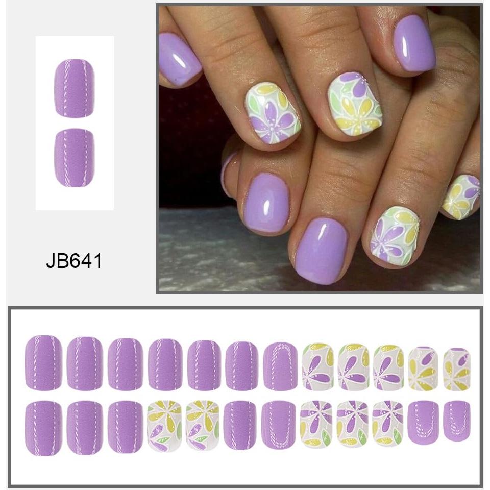Uñas Postizas Cortas Cuadradas Sevgob Moradas con Flores 24pcs