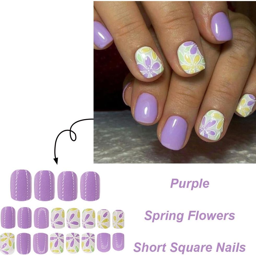 Uñas Postizas Cortas Cuadradas Sevgob Moradas con Flores 24pcs