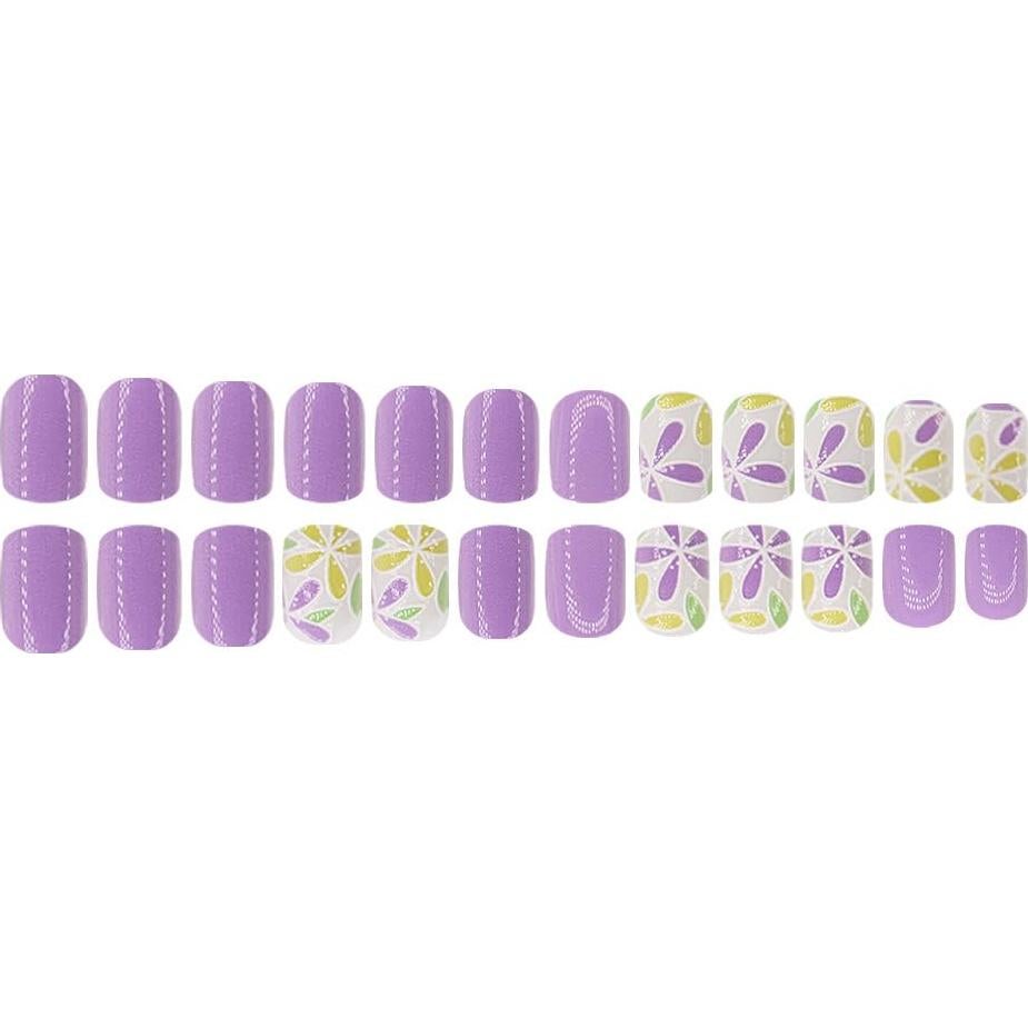 Uñas Postizas Cortas Cuadradas Sevgob Moradas con Flores 24pcs