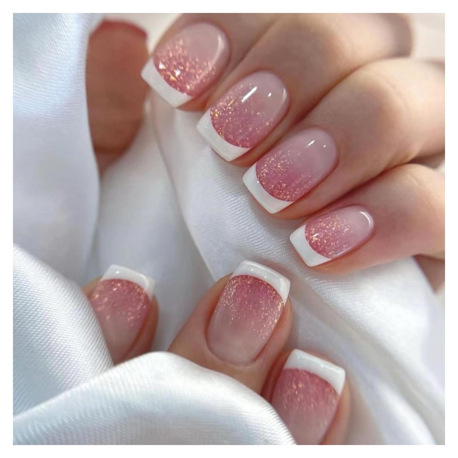 Uñas Postizas Cortas Cuadradas Ombre Glitter Puyokinm 24 Pcs