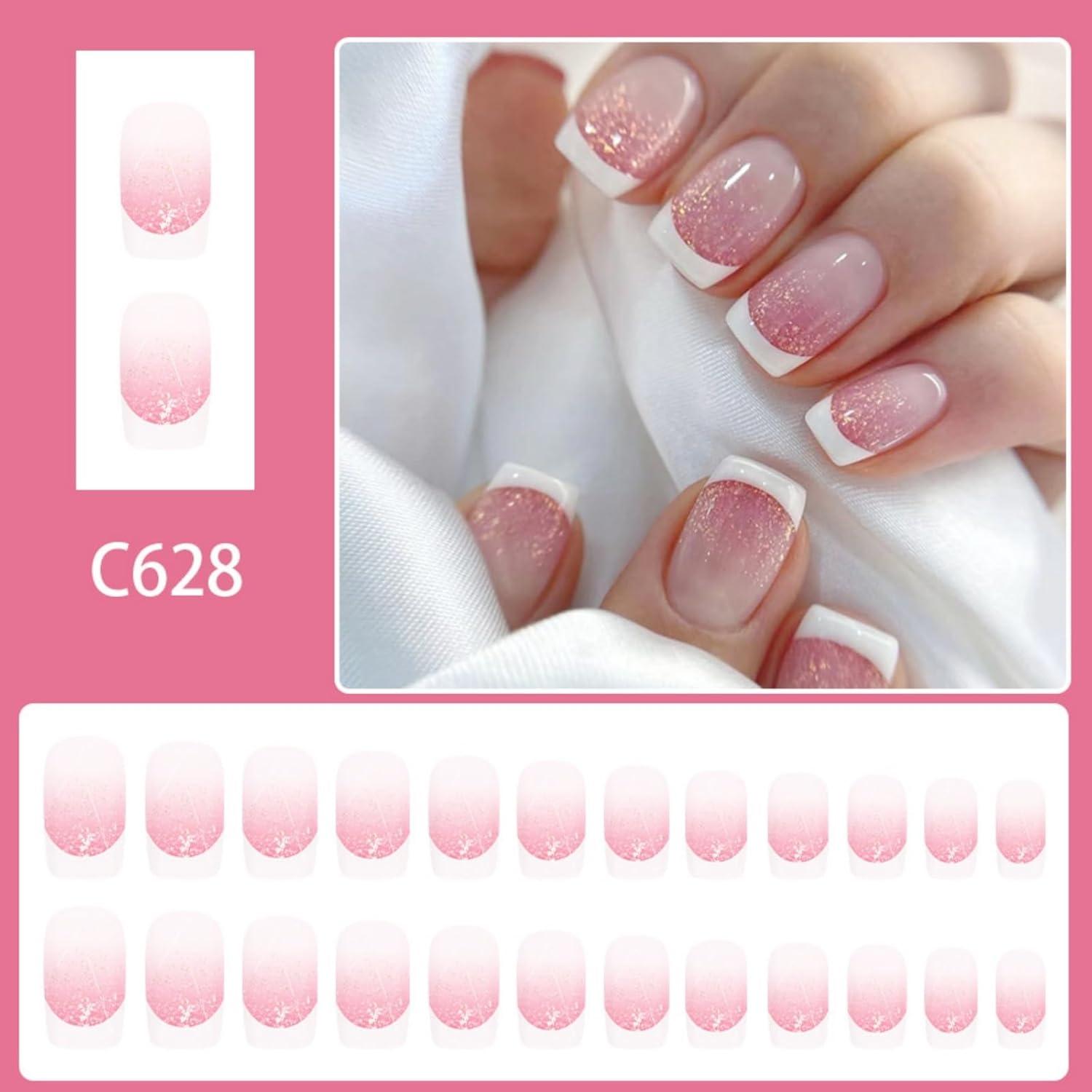 Uñas Postizas Cortas Cuadradas Ombre Glitter Puyokinm 24 Pcs