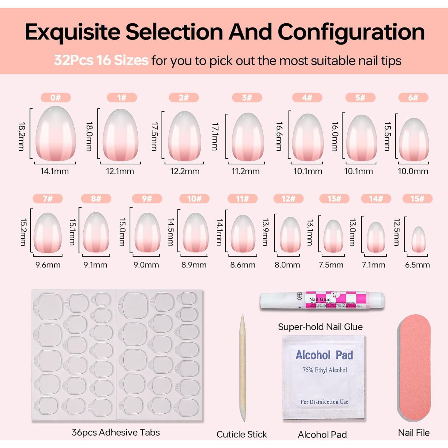 Uñas Postizas Cortas Almendra LANYOS 32 Pcs Degradado Nude