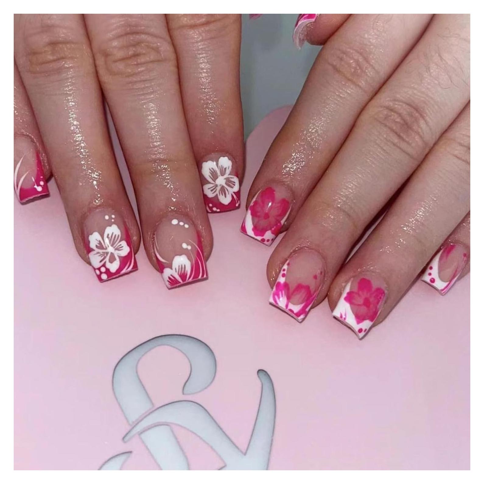 24 Uñas Postizas Francesas Cortas Cuadradas WLGDLH Rosa Blanca