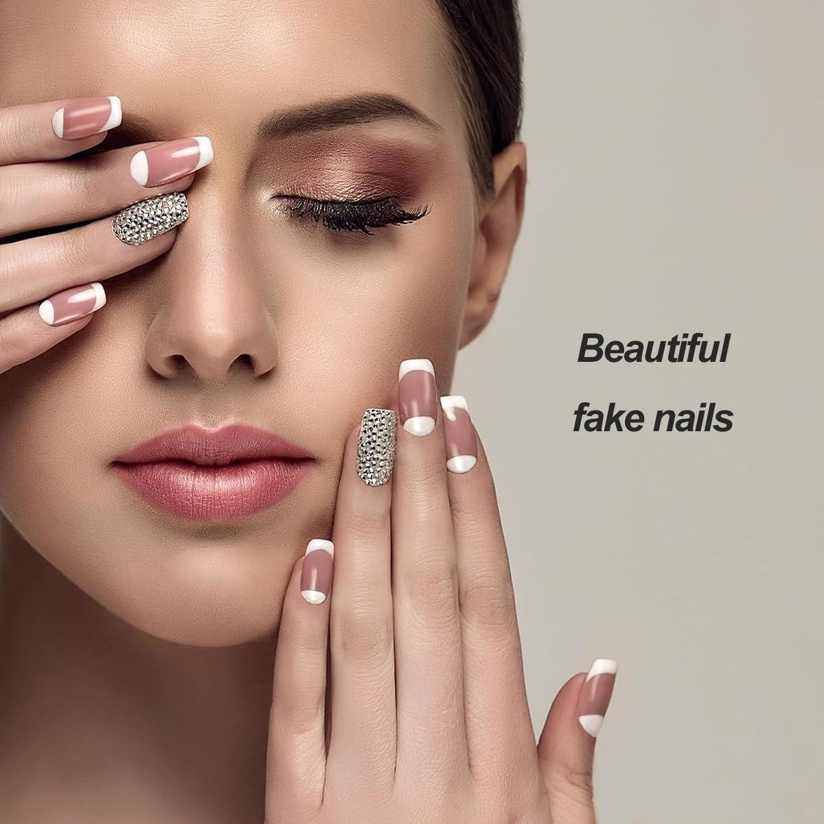 24 Uñas Postizas Francesas Cortas Cuadradas WLGDLH Rosa Blanca