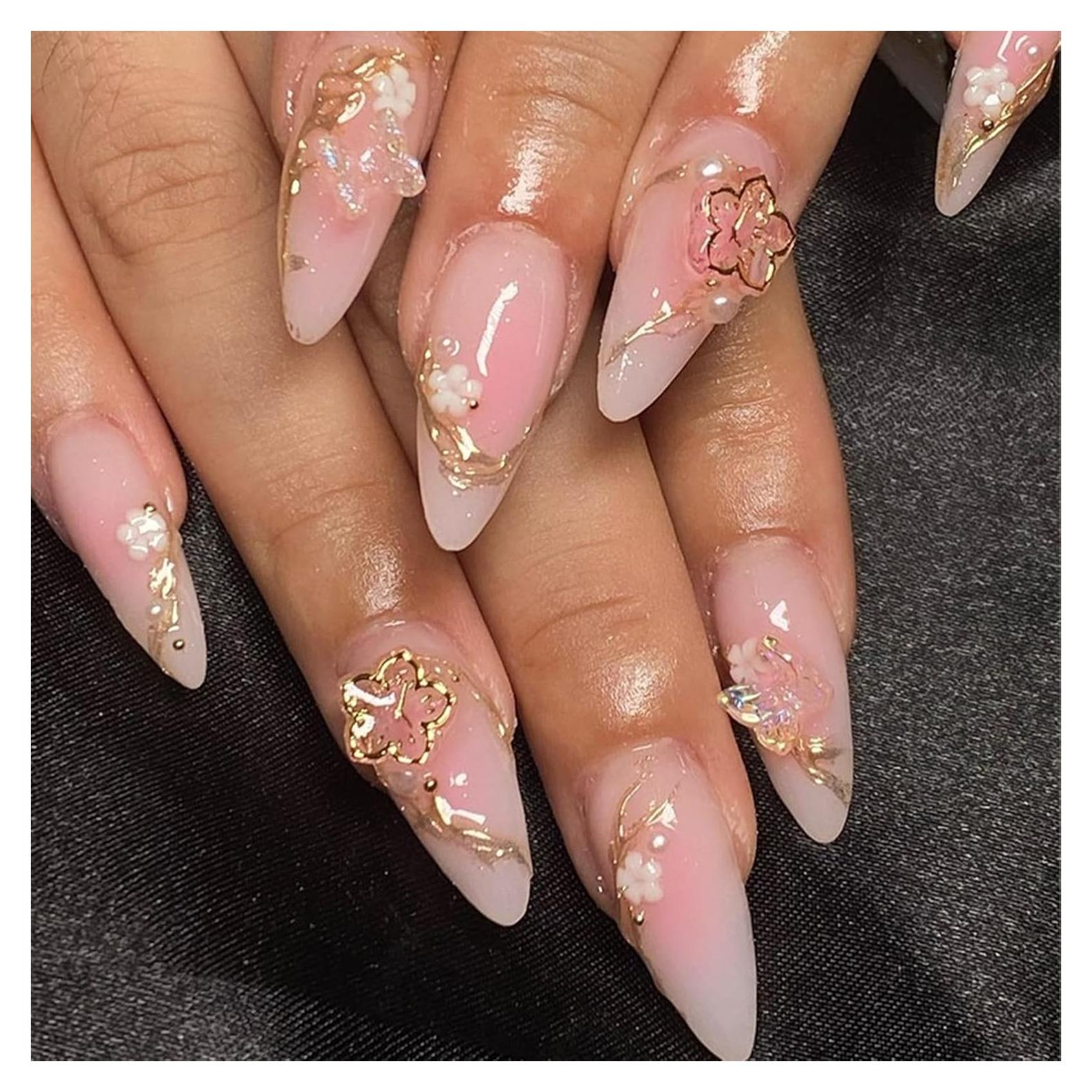 Uñas Postizas Florales Almendra SHIQIXIANNV 24 Piezas