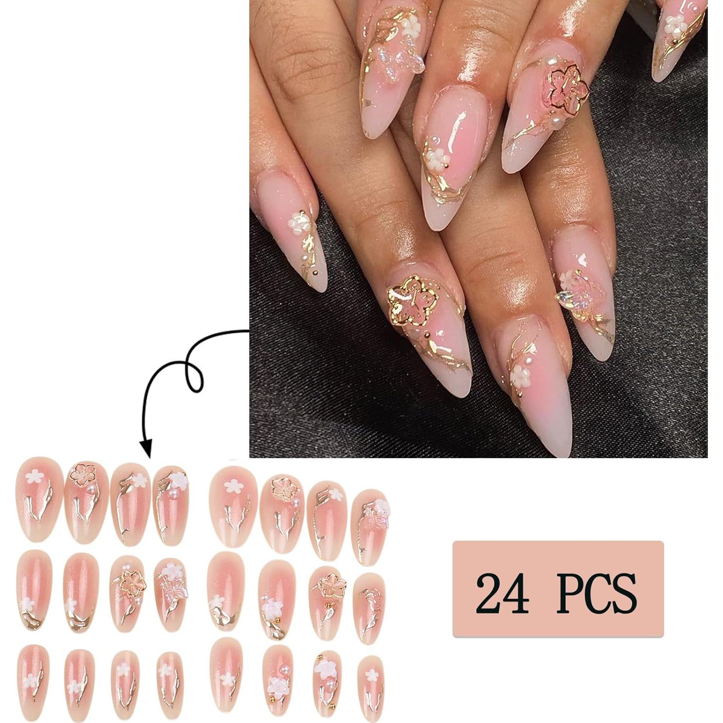 Uñas Postizas Florales Almendra SHIQIXIANNV 24 Piezas