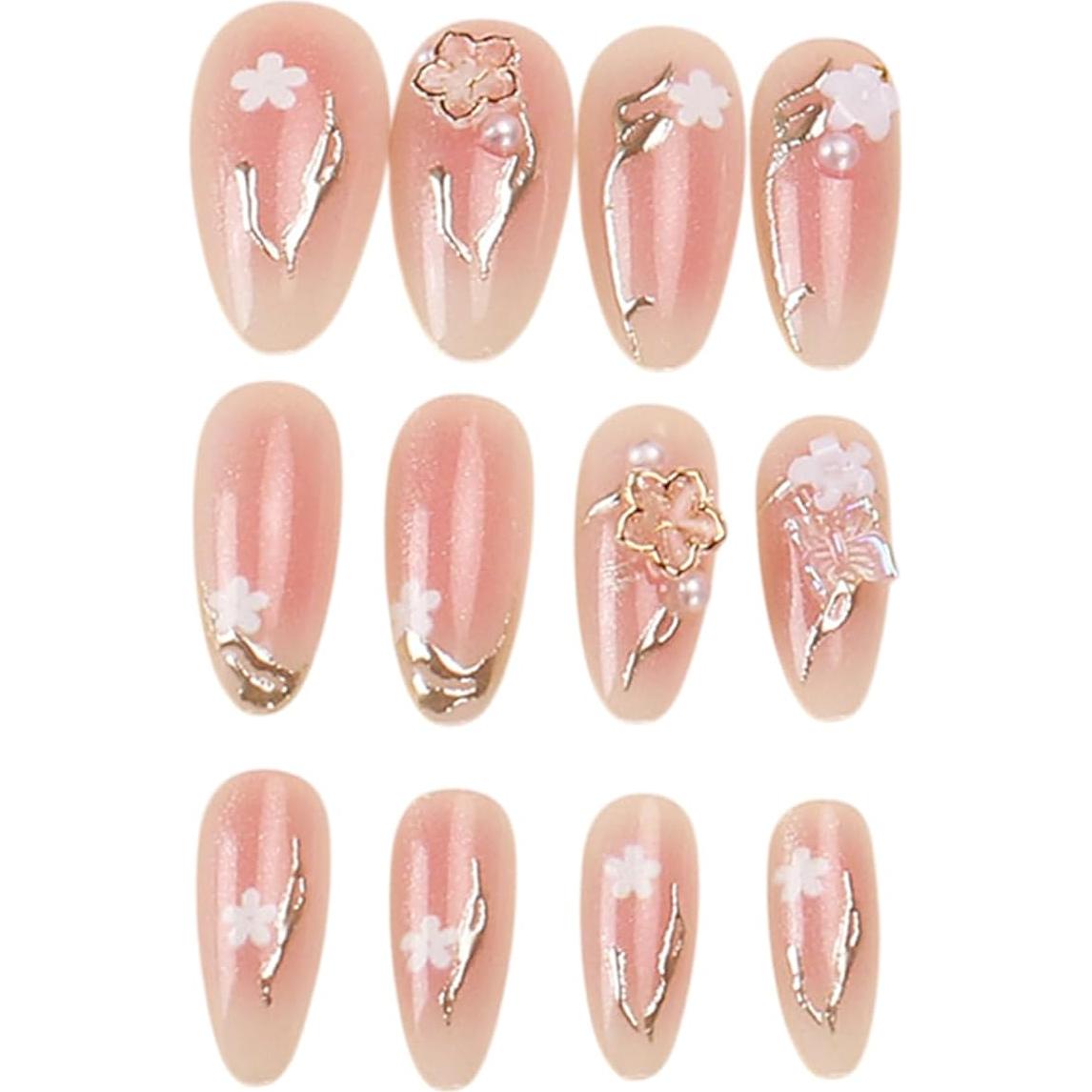 Uñas Postizas Florales Almendra SHIQIXIANNV 24 Piezas