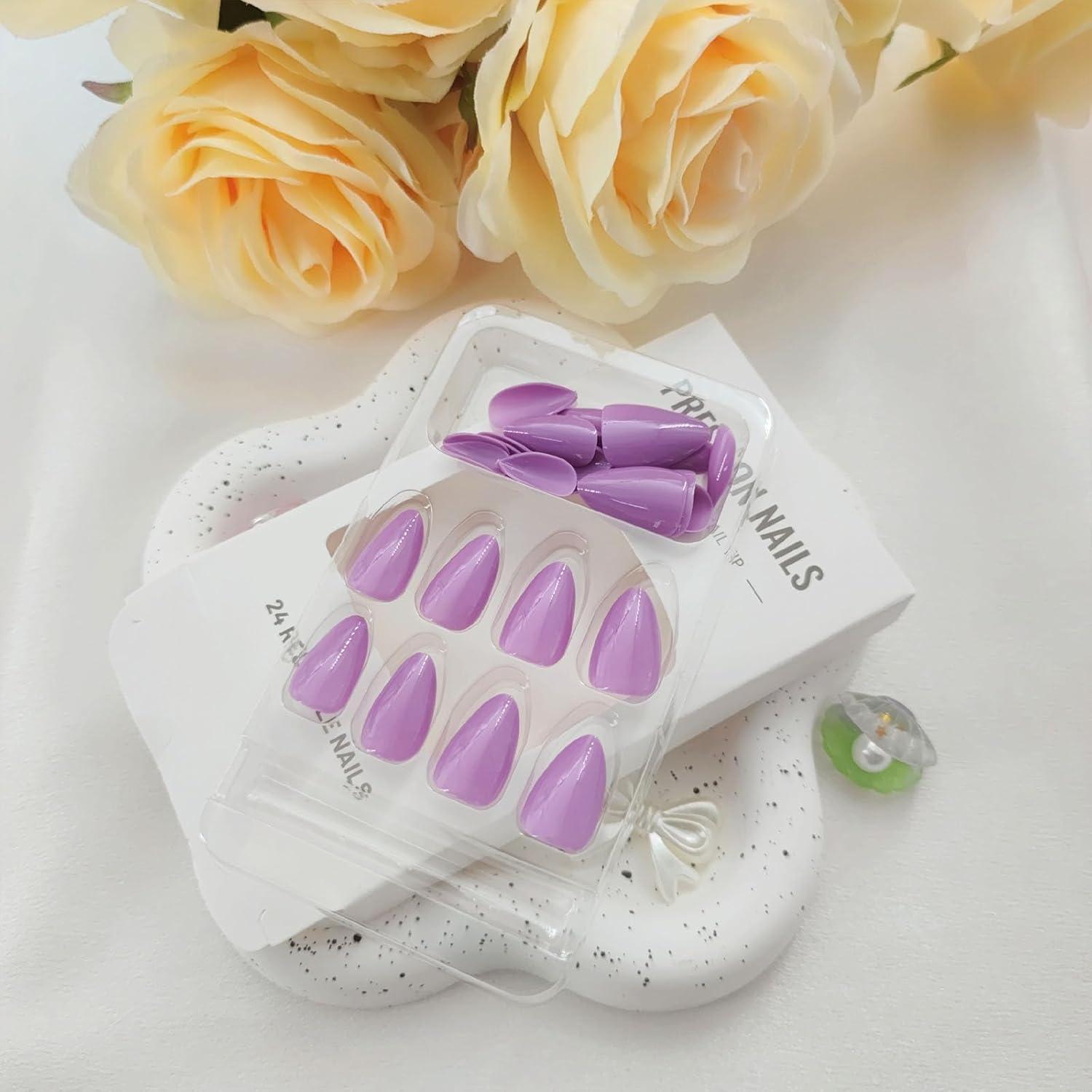 Uñas Postizas Cortas Almendra BDRUIXING Sólido Púrpura 30 Pcs