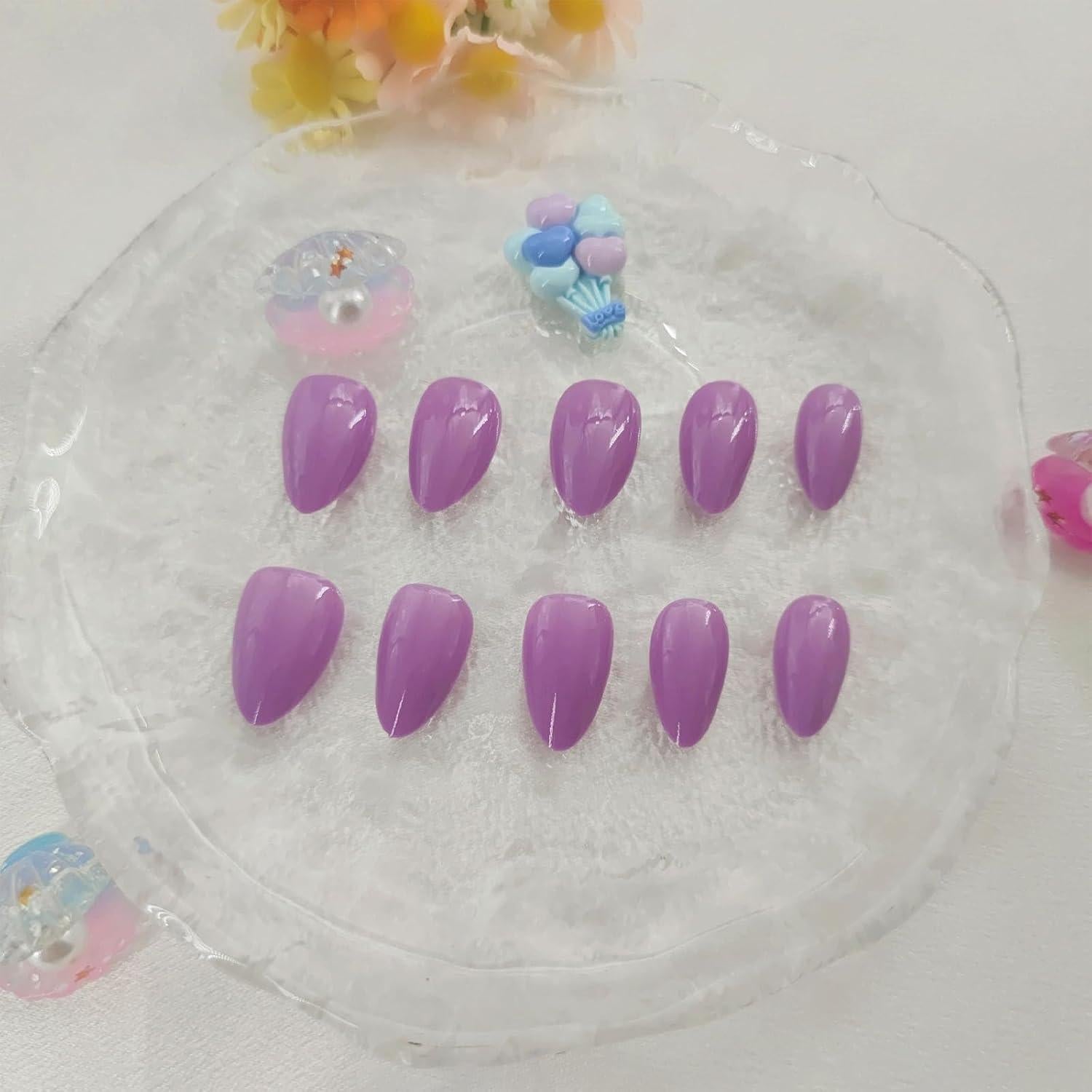 Uñas Postizas Cortas Almendra BDRUIXING Sólido Púrpura 30 Pcs