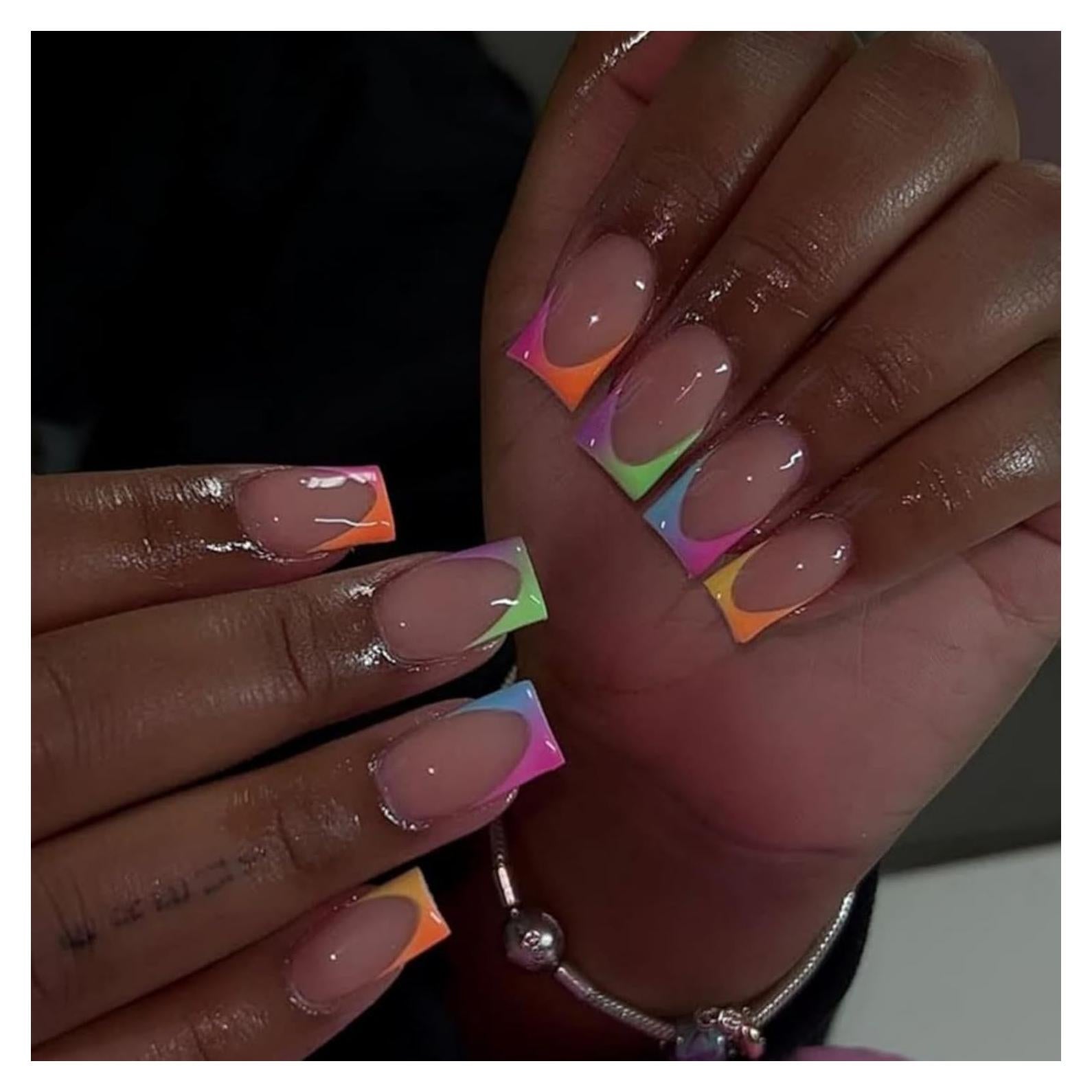 French Tip Press on Nails Short Square Fake Nails Shiny False Nails Colorful Tip Glossy Full Cover Acrylic Glue on Nails Reusable Artificial Stick on Nails for Women Manicure 24 Pcs