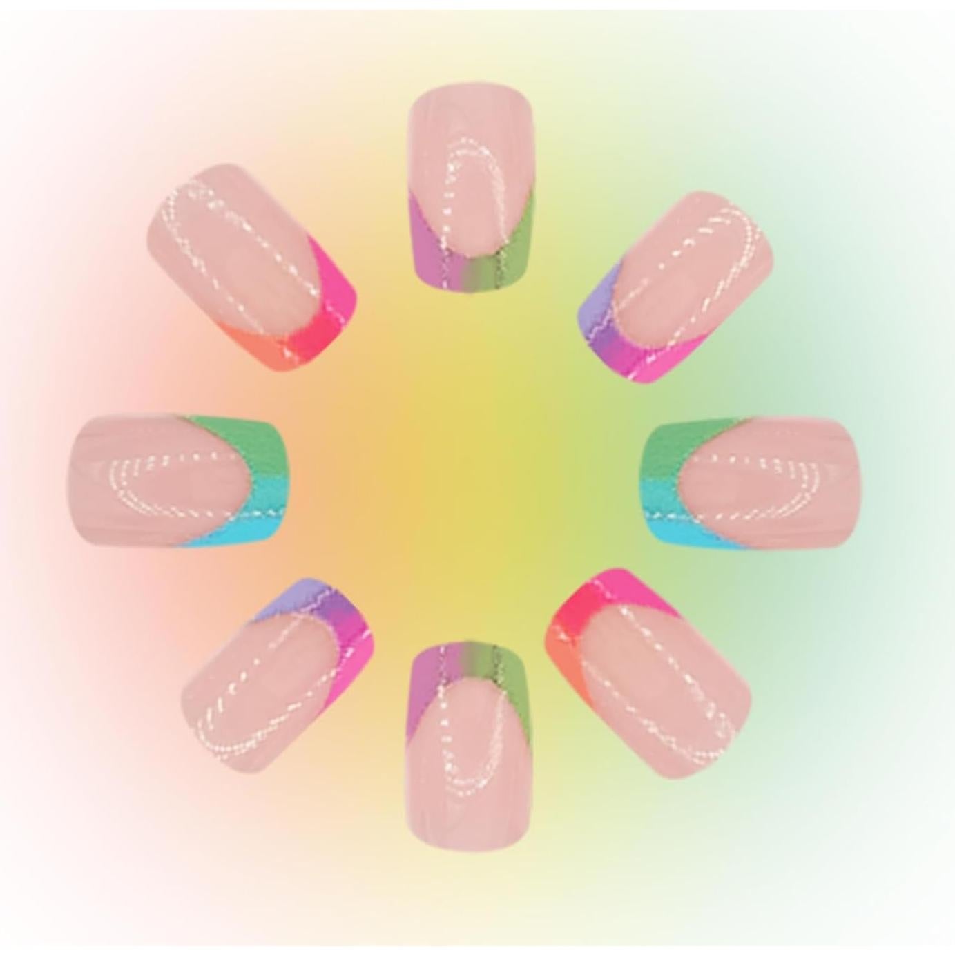 French Tip Press on Nails Short Square Fake Nails Shiny False Nails Colorful Tip Glossy Full Cover Acrylic Glue on Nails Reusable Artificial Stick on Nails for Women Manicure 24 Pcs