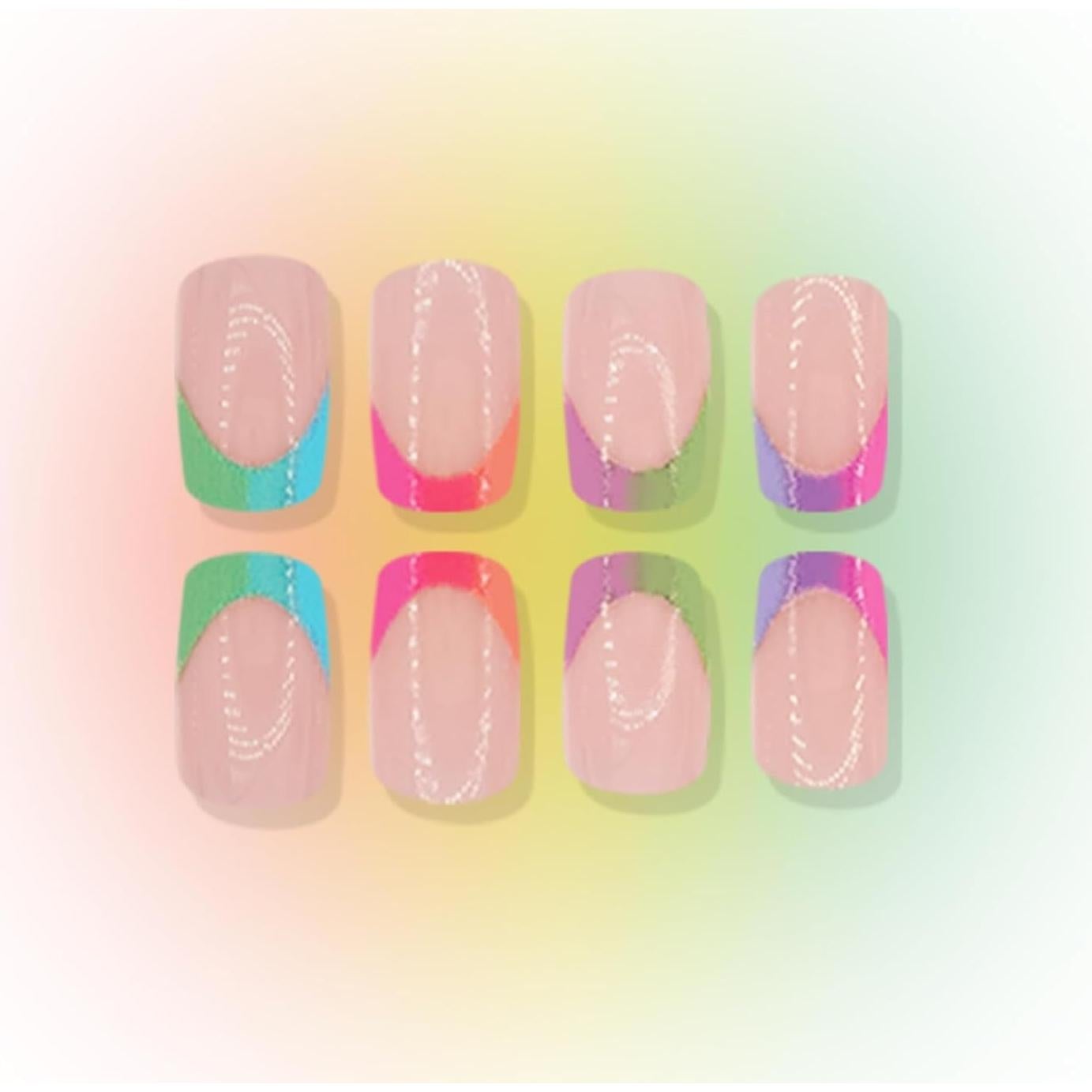 French Tip Press on Nails Short Square Fake Nails Shiny False Nails Colorful Tip Glossy Full Cover Acrylic Glue on Nails Reusable Artificial Stick on Nails for Women Manicure 24 Pcs