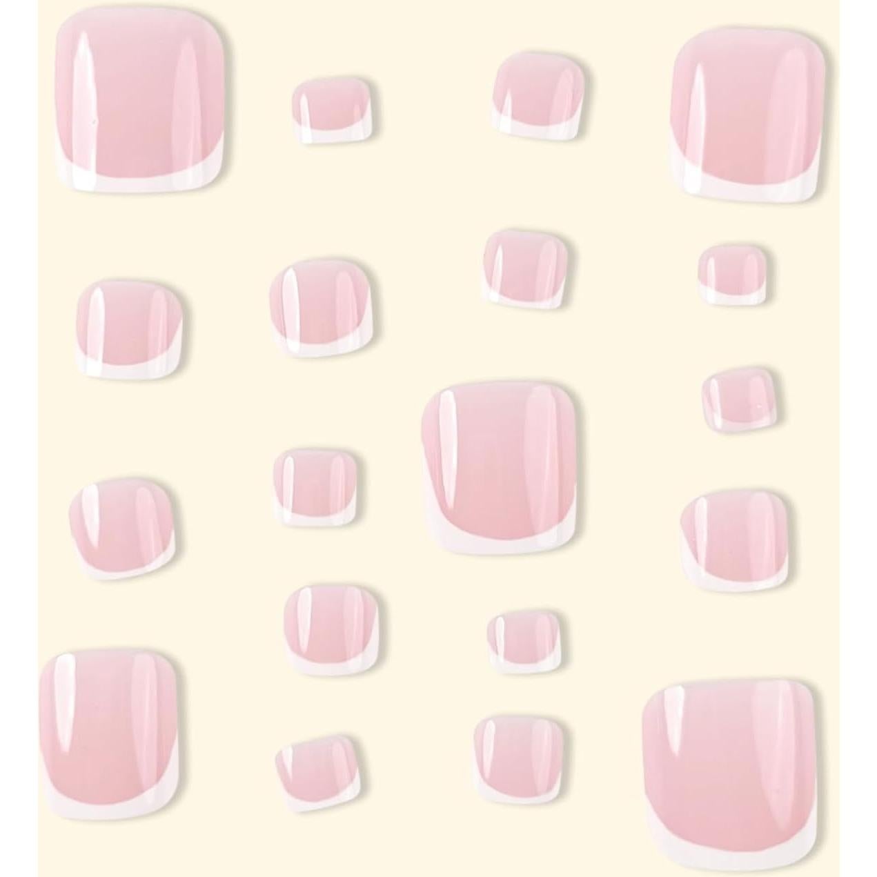 White French Tip Press on Toenails Short Square Fake Toenails Nude Pink False Toenails Full Cover Glue on Toe Nails Glossy Acrylic Toenails Spring Summer Stick on Toenails for Women Manicure 24PCS