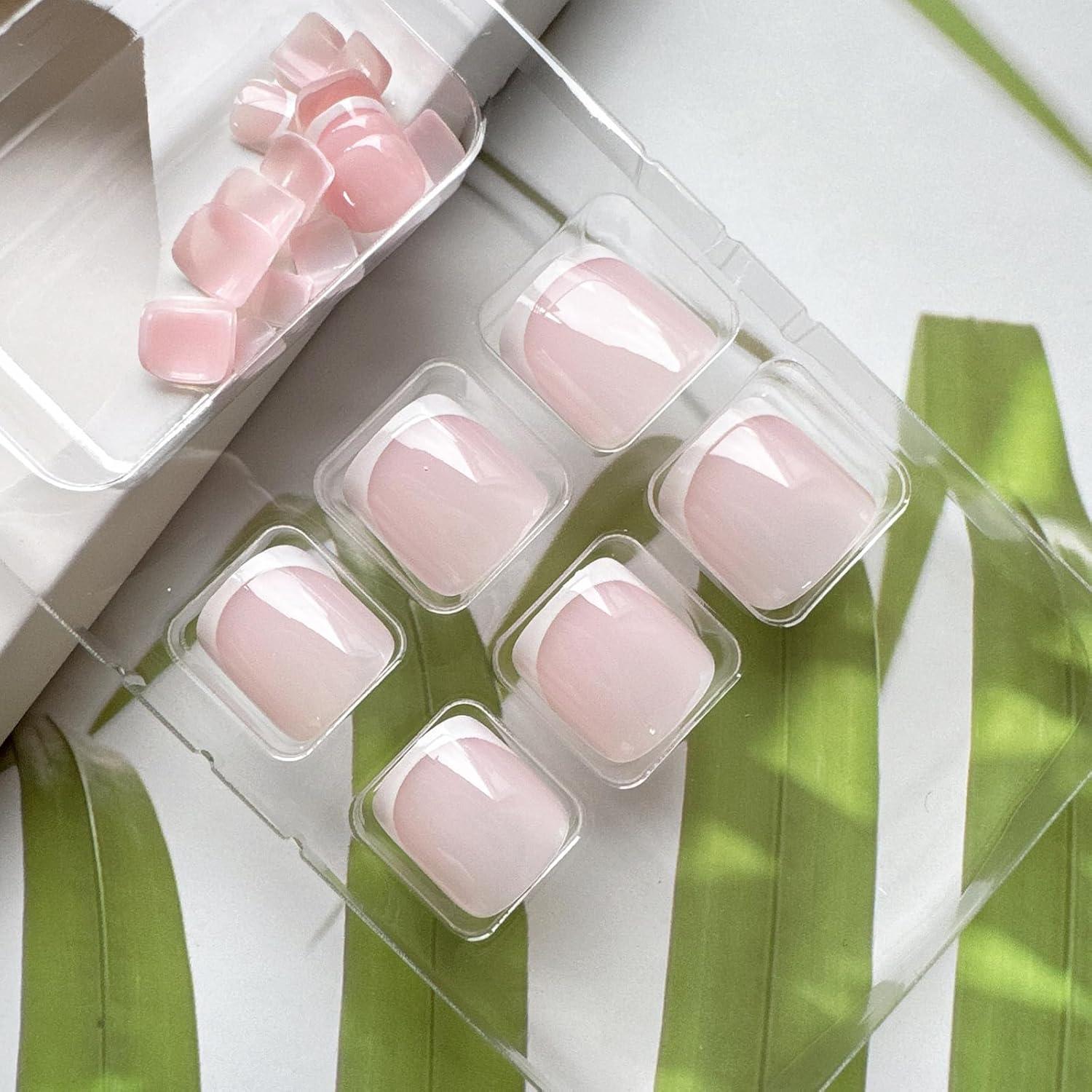 White French Tip Press on Toenails Short Square Fake Toenails Nude Pink False Toenails Full Cover Glue on Toe Nails Glossy Acrylic Toenails Spring Summer Stick on Toenails for Women Manicure 24PCS