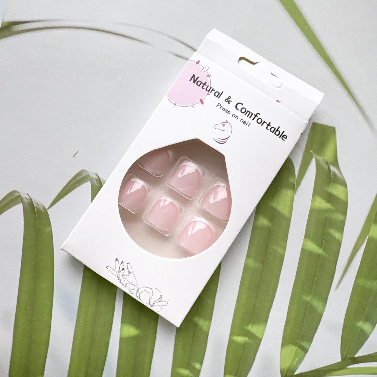 White French Tip Press on Toenails Short Square Fake Toenails Nude Pink False Toenails Full Cover Glue on Toe Nails Glossy Acrylic Toenails Spring Summer Stick on Toenails for Women Manicure 24PCS