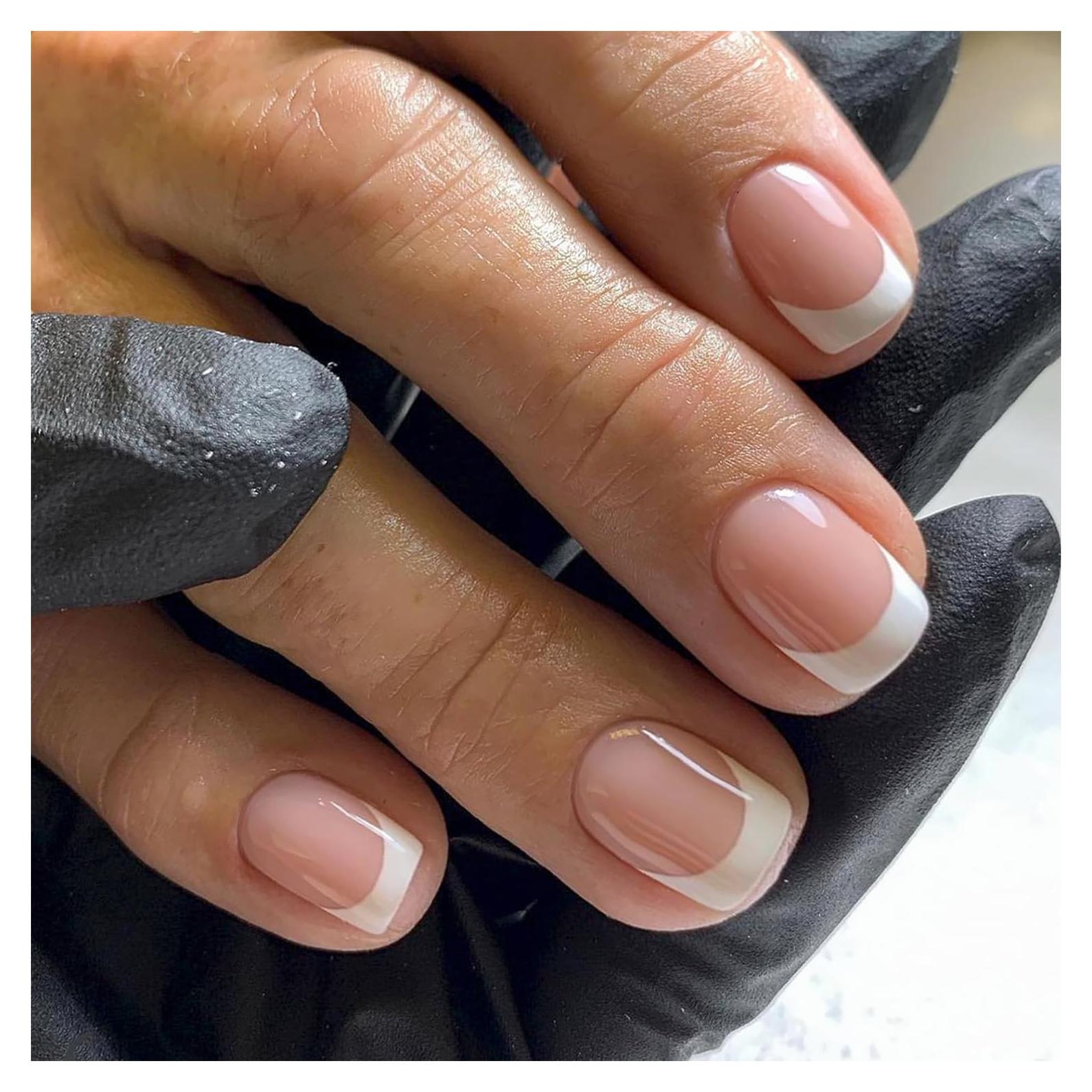 White French Tip Press on Nails Short Square Fake Nails Nude Pink Glossy Design Cute False Nails Stick on Nails Full Cover Acrylic False Nails for Women Girls DIY Manicure Decoration 24pcs