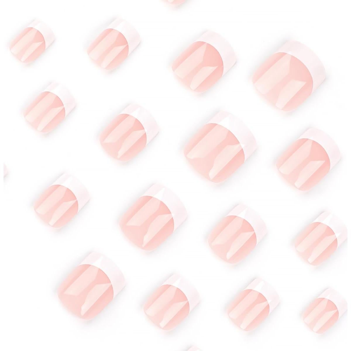 White French Tip Press on Nails Short Square Fake Nails Nude Pink Glossy Design Cute False Nails Stick on Nails Full Cover Acrylic False Nails for Women Girls DIY Manicure Decoration 24pcs