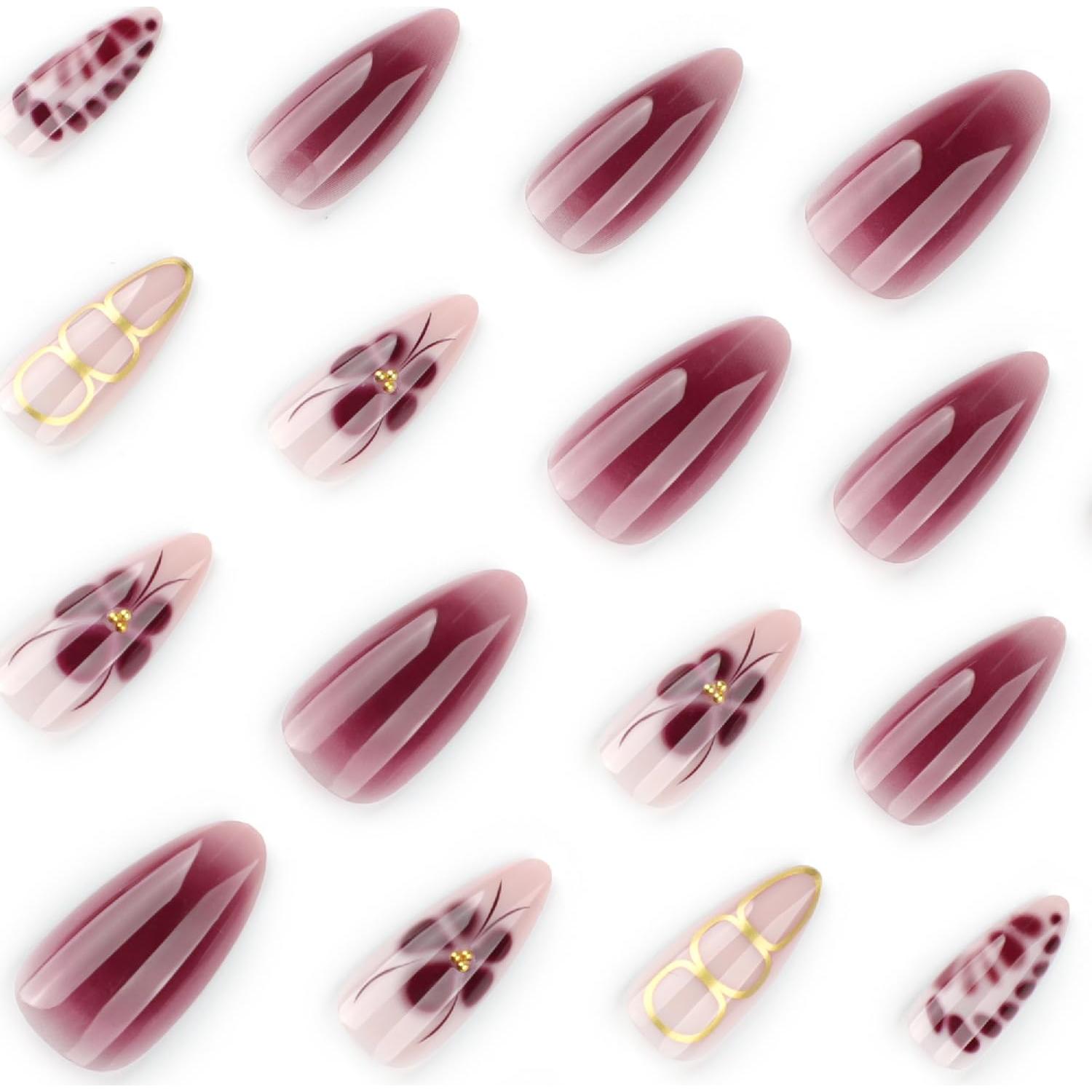 Uñas Postizas Almendra Mediana YOLEZI 24 Pcs Diseño Floral