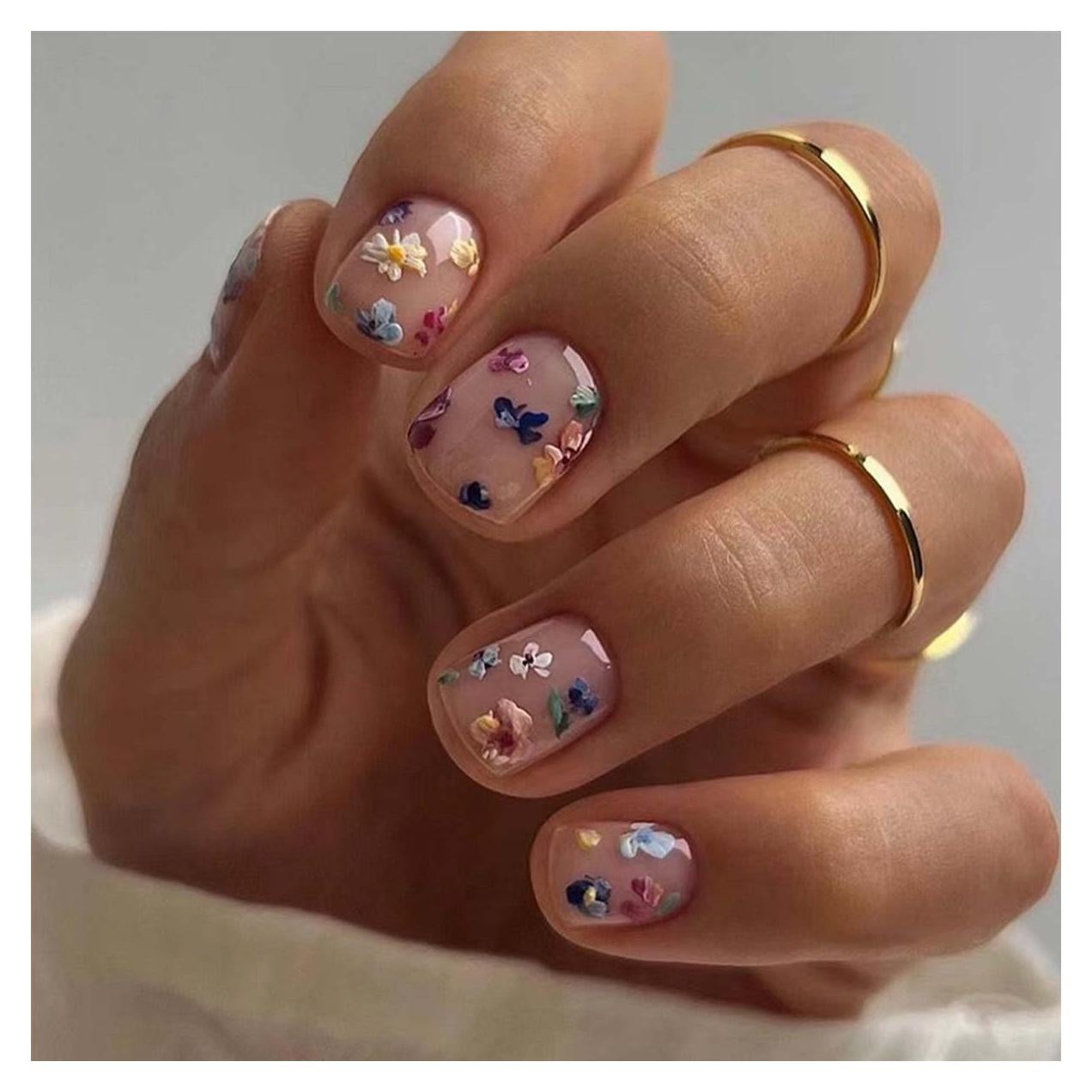 Uñas Postizas Cuadradas KASOICRA Nude con Flor 24 Pcs