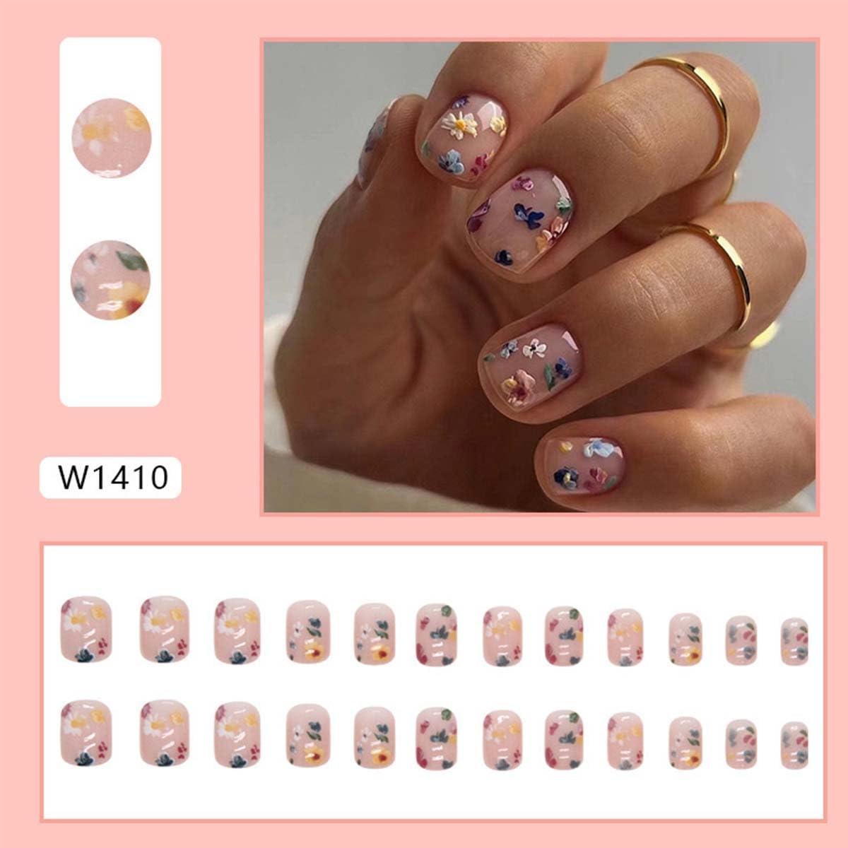 Uñas Postizas Cuadradas KASOICRA Nude con Flor 24 Pcs