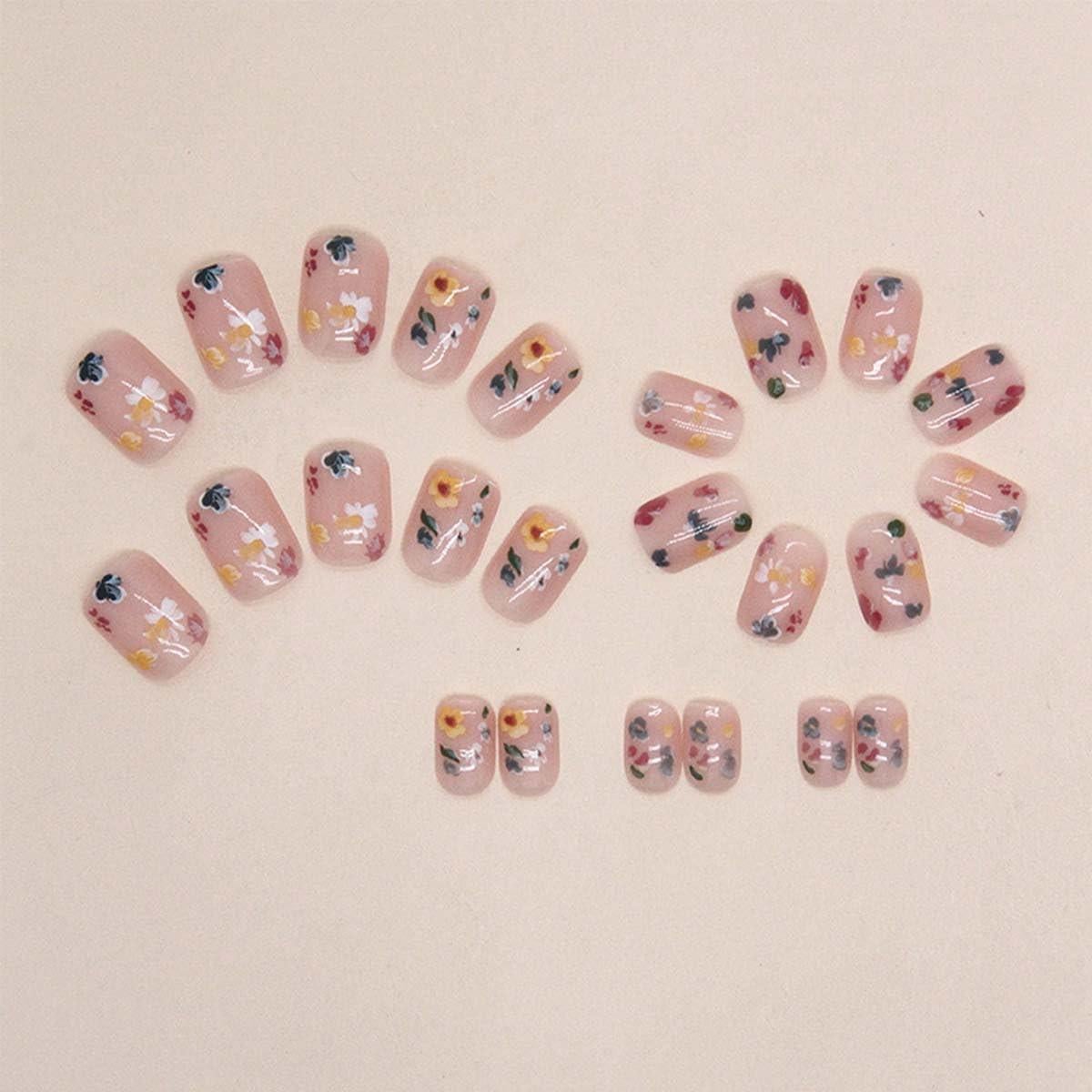Uñas Postizas Cuadradas KASOICRA Nude con Flor 24 Pcs