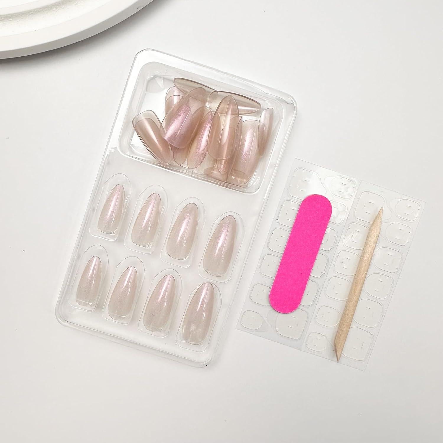 Uñas Postizas Almendra Mediana TOGZOM 24 Pcs Nude Brillo