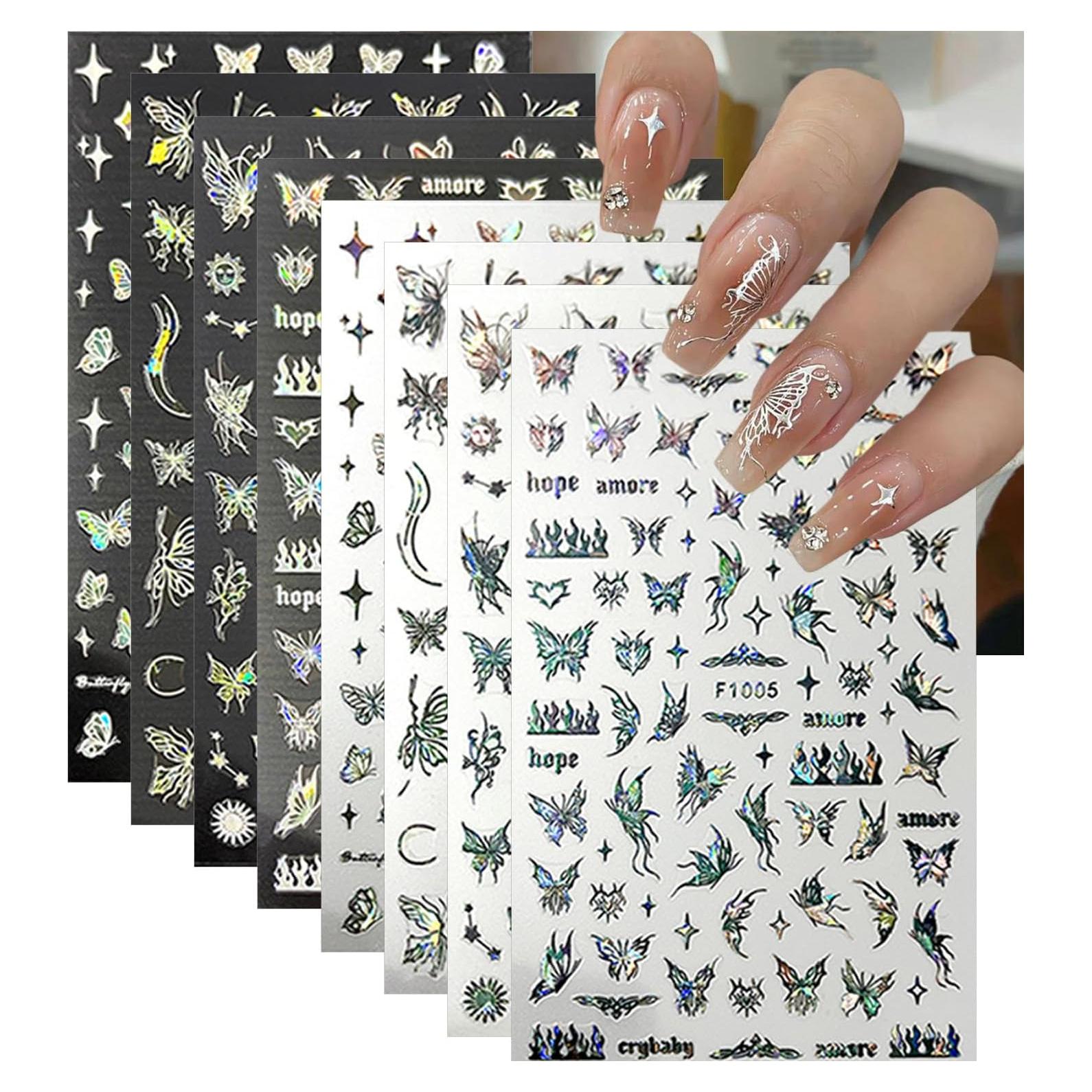 Calcomanías de Uñas 3D ZRZETREB Mariposa Holográfica 8 Hojas