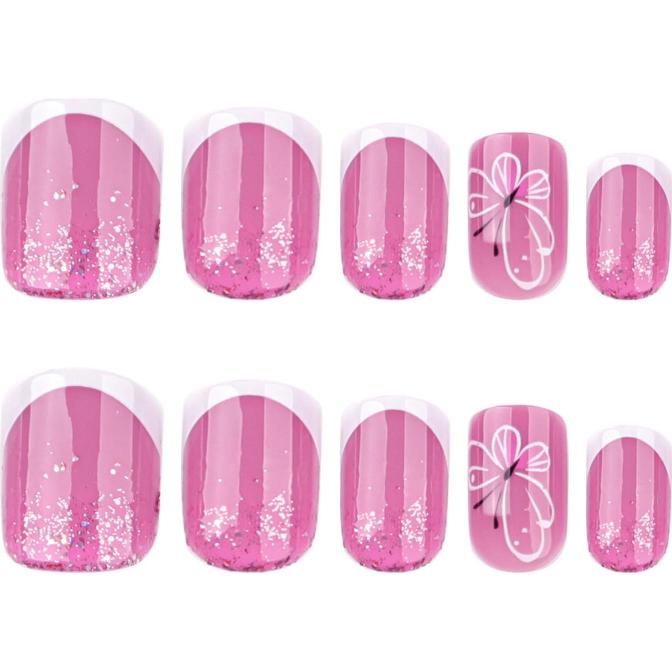 Uñas Postizas Mariposa OCOUYVD Acrílico Brillo Rosa 24 Pcs