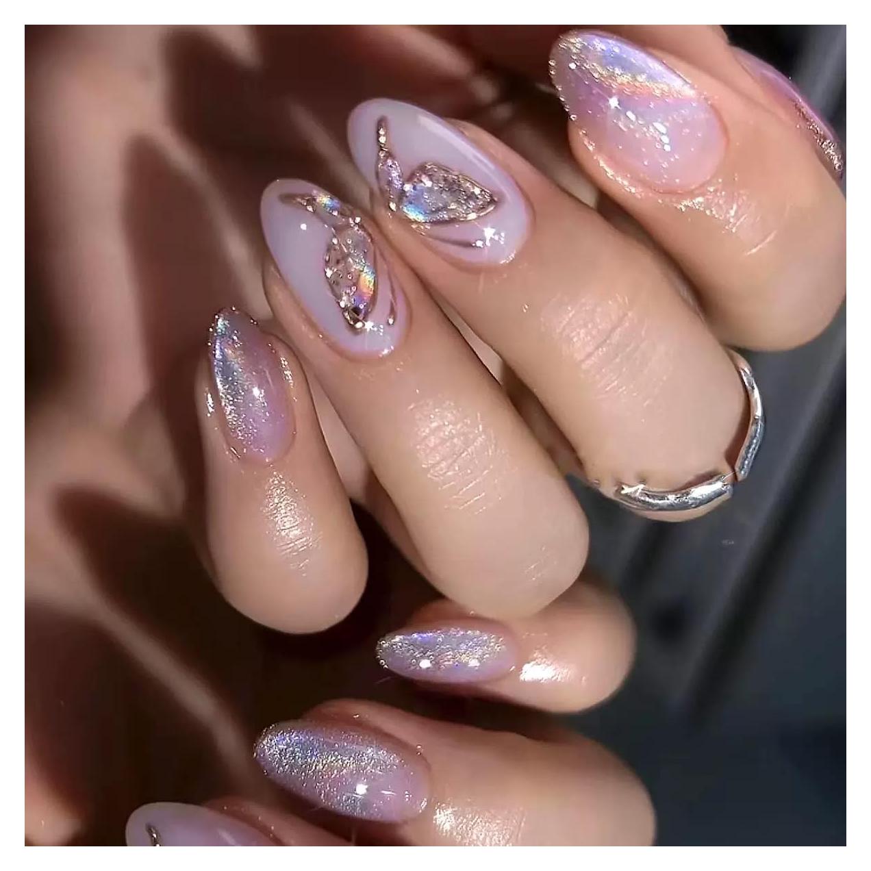 Uñas Postizas Almendra Moradas CTTHNBD 24 Piezas Brillantes