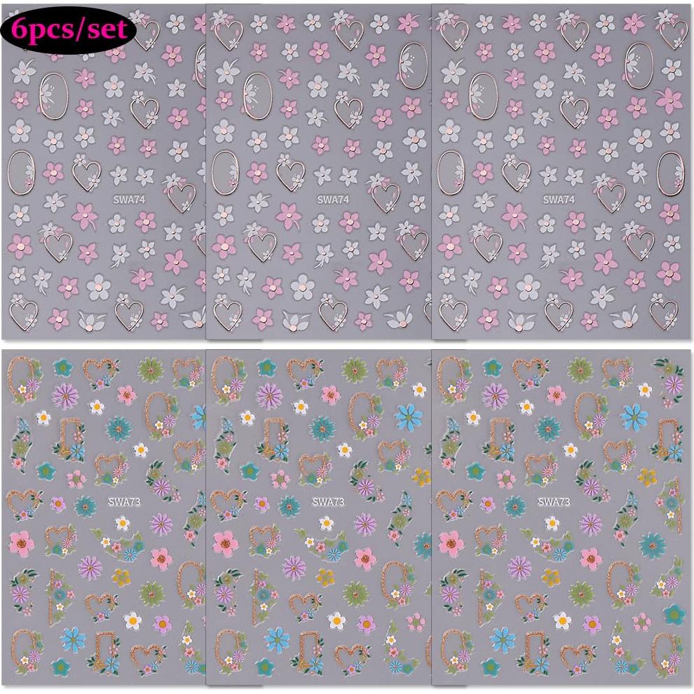 6 Hojas Calcomanías de Uñas Flores 3D LPOODDNU