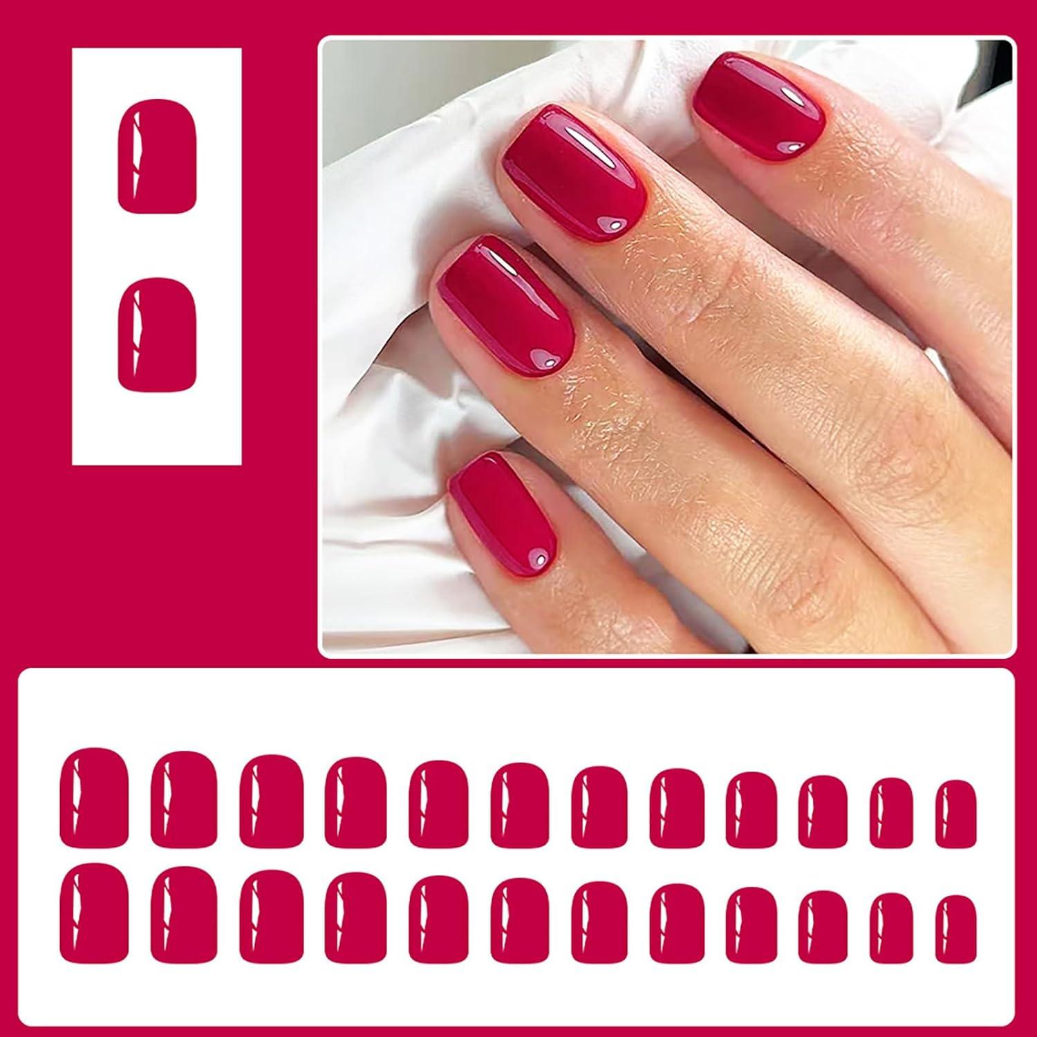 Uñas Postizas Rojas Vino Cortas Cuadradas 24 Pcs MMNHJHUT